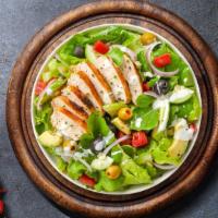 Grilled Chicken Salad · Fresh green lettuce mix, tomatoes, onion, green peppers, black and green olives and cheese w...