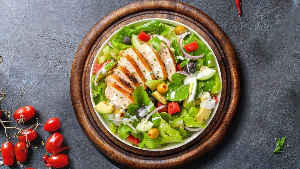 Grilled Chicken Salad · Fresh green lettuce mix, tomatoes, onion, green peppers, black and green olives and cheese with grilled chicken marinated with a combination of Greek and Italian. Topped with parmesan cheese.
