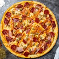 Meet The Meat Pizza · Our famous house made dough topped with red sauce, pepperoni, beef sausage, canadian bacon, ...