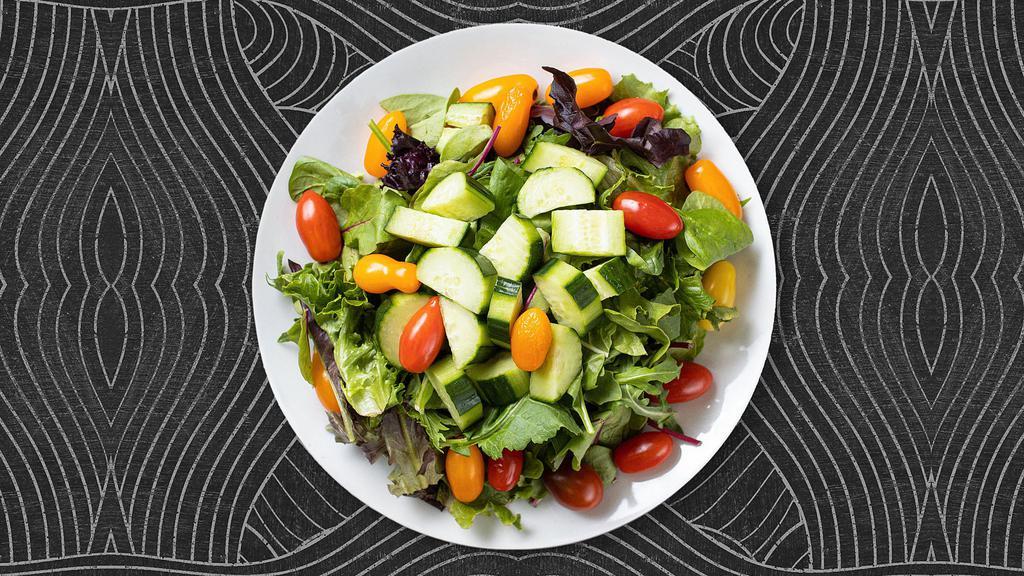 Garden Salad Of Eden · Fresh green lettuce mix, tomatoes, black olives, red onions, bell peppers, and shredded mozzarella cheese. Served with choice of your dressing on the side.