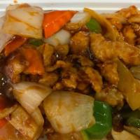 Szechuan Chicken · Spicy! White meat sliced chicken stir fry with onion, green pepper, carrots, mushroom, bambo...