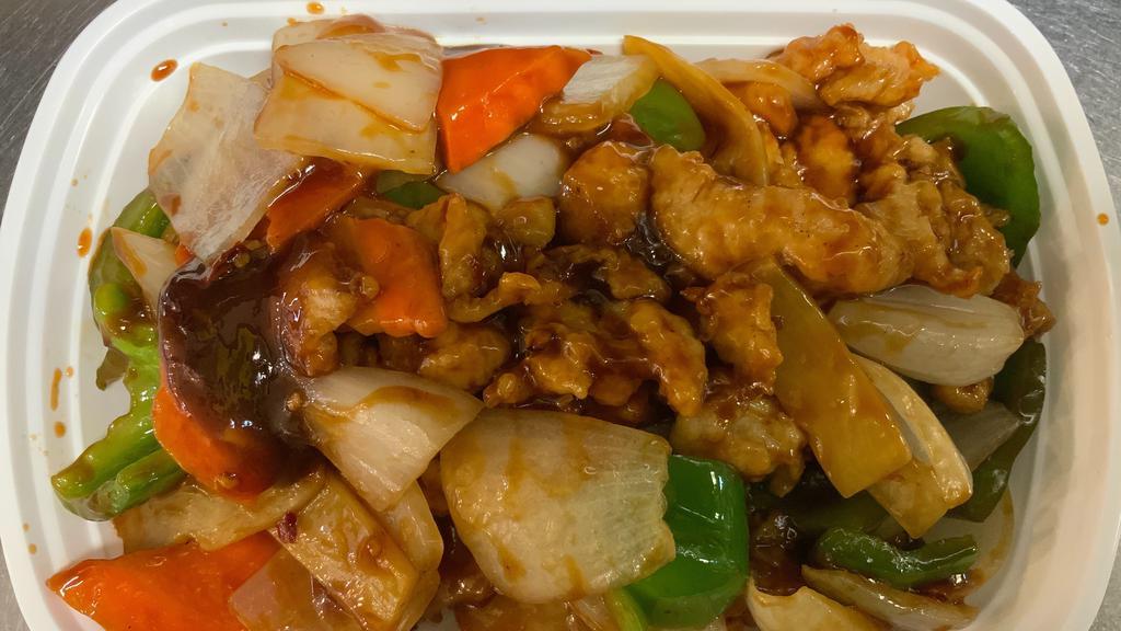 Szechuan Chicken · Spicy! White meat sliced chicken stir fry with onion, green pepper, carrots, mushroom, bamboo and water chestnuts in spicy Szechuan brown sauce.
