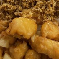 D#5. Sweet And Sour Chicken Dinner · Sweetened sauce with vinegar base.