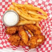 Chicken Wing Dings · Six pieces, choice of plain, or tossed in BBQ or mild sauce. With fries for an additional ch...