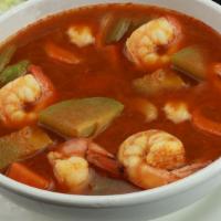 Caldo De Camaron · A delicious combination of vegetables and shrimp with a hint of spice.