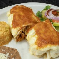 Burrito Suizo · Swiss-style burrito with your choice of meat and topped with melted Swiss cheese and our ran...