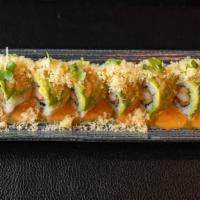 Angry Bird · Shrimp tempura topped with filet mignon, pinot noir horseradish sauce, and garlic chip.
