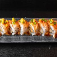 Cancun · Shrimp tempura topped with cooked shrimp, sweet and spicy sauce, and chopped up jalapeno and...