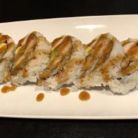 Shrimp Tempura Roll (5 Pieces) · Shrimp tempura, crab stick, avocado, and cucumber topped with brown sauce.