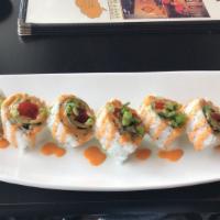Jalapeno Roll · Gluten-free. Jalapeno, cream cheese, avocado, and cucumber topped with spicy sauce, jalapeno...