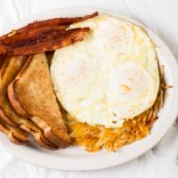 The Randy Special · Three eggs over medium served on top of hash browns, a side of pork bacon and sourdough toas...