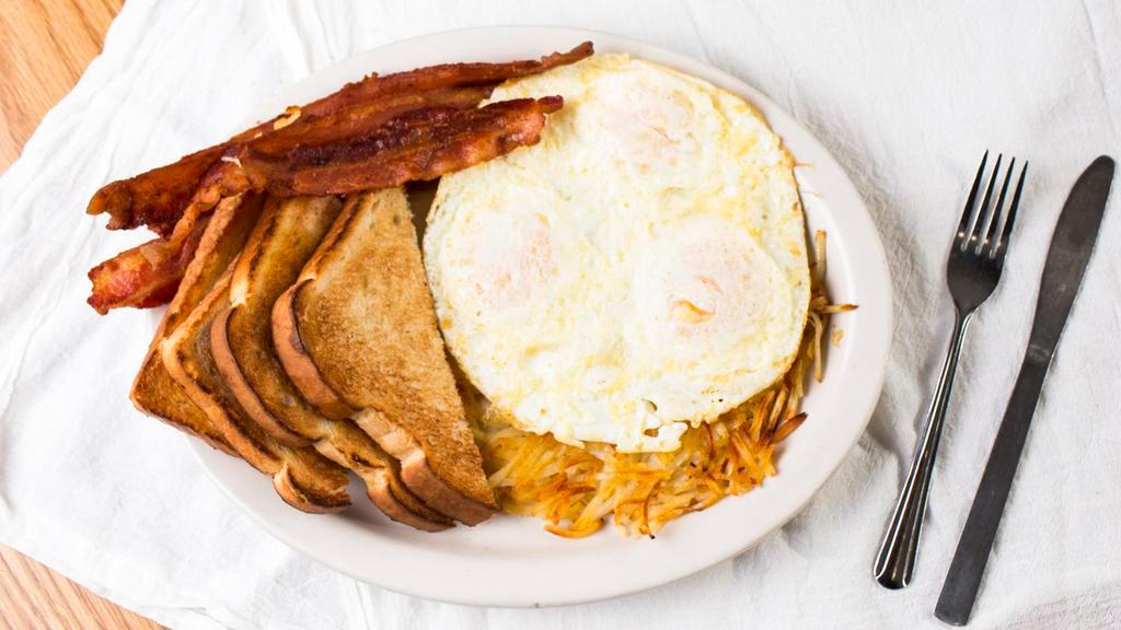 The Randy Special · Three eggs over medium served on top of hash browns, a side of pork bacon and sourdough toast.. Consuming raw or undercooked meats, poultry, seafood, shellfish, or eggs may increase your risk of foodborne illness, especially if you have a medical condition.