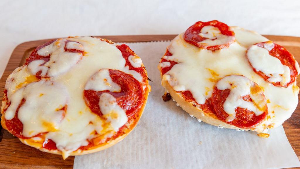Pizza Bagel · Mozzarella cheese, pizza sauce, and Pepperoni.