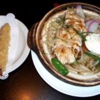 Nabe Yaki Udon · Noodle soup with chicken, vegetable, fish cake, egg, and shrimp tempura.