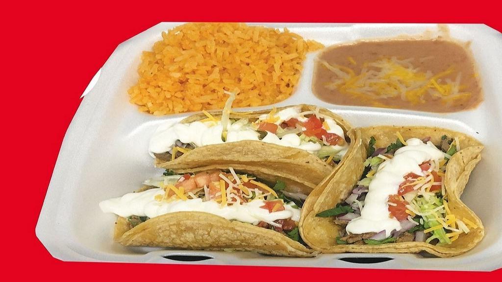 3 Pc Tacos Supreme · Serve with Meat Cheese Lettuce, Tomato And Sour Cream Your choice is steak, chicken, gyro, ground beef, shrimp.