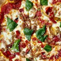 Sausage & Peppers · Italian sausage, roasted peppers, caramelized onions, mozzarella, basil