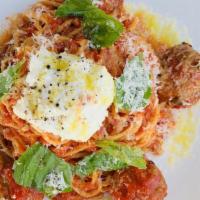 Spaghetti Meatballs · Fabio's meatballs, tomato sugo, ricotta, fresh basil.