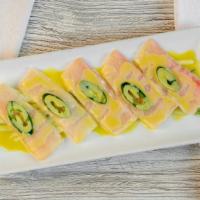 Sashimi Jalapeno · Jalapeno peppers over 2 pcs each of salmon, tuna and yellowtail, finished with avocado and w...