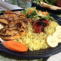 Jujeh Kabob Lunch · Grilled skewers of boneless chicken marinated in yogurt, lemon, onions. Served with rice and...