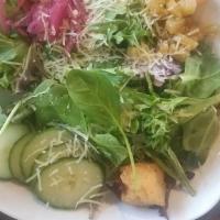 Soiree House Salad · Mixed Greens, Pickled Red Onions, Roasted Green Tomatoes, Cucumber, Grit Crouton, Parmesan.