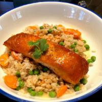 Wild Salmon Bowl · miso-glazed faroe island salmon, champagne butter, english peas, rainbow carrots, steamed rice