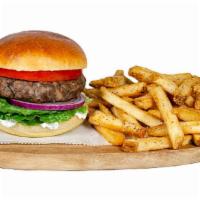Lamb Burger · Seasoned ground lamb mixed with onion and parsley, topped with lettuce, tomato, red onion, a...