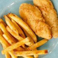 Chicken Strips (2) · Seasoned and breaded chicken strips served with choice of a side and beverage. (dairy-free)