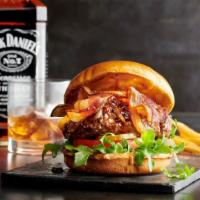 Bourbon Wagyu Burger · Premium 100% grass-fed Wagyu beef topped with applewood bacon, sweet bourbon glaze, carameli...
