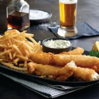 Beer-Battered Fish & Chips · Sam Adams hand-battered fish fillets. Served with creamy coleslaw, tartar sauce and fries