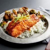 Miso Glazed Salmon · Served with jasmine rice, brussels sprouts and green onions