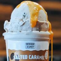 Salted Caramel Cookie Dough Ice Cream · Cookie dough ice cream, cookie dough pieces, salted caramel ribbon.