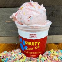 Fruity Cereal Milk Ice Cream · Fruity cereal milk ice cream with white chocolate covered Fruity Pebbles