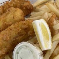 Fish & Chips (3 Pcs) · Served with fries and tartar sauce. Includes bread and butter and choice of soup or salad or...