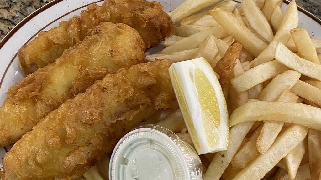 Fish & Chips (3 Pcs) · Served with fries and tartar sauce. Includes bread and butter and choice of soup or salad or coleslaw.