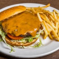 Classic Burger · Served with French fries and topped with cheddar cheese, lettuce, tomatoes, onions, and mayo...