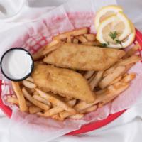 Fish & Chips · Beer battered cod fish fillets, deep fried to perfection, French fries & tartar sauce on the...