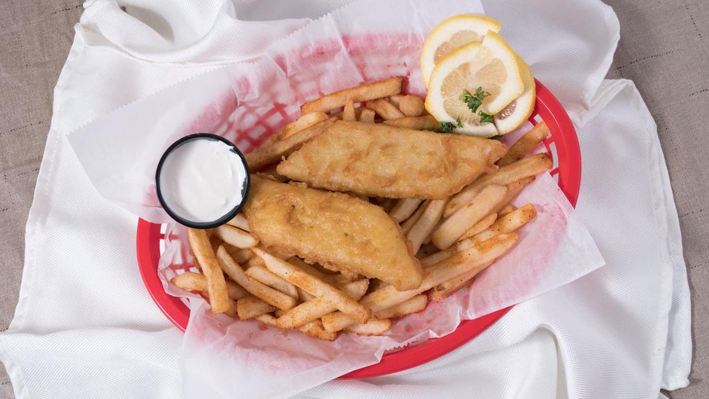 Fish & Chips · Beer battered cod fish fillets, deep fried to perfection, French fries & tartar sauce on the side.
