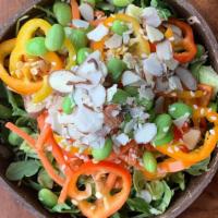 Sesame Bowl · Quinoa, arugula, shredded carrot, brussel sprouts, sweet peppers, almonds, edamame, sesame s...