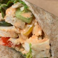 Buffalo Chicken Wrap · Chicken, spinach, peppers, drizzled with buffalo sauce and ranch rolled into a wheat tortilla.