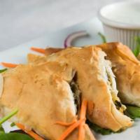 Spinach Feta Pie Appetizer- Freshly Baked · Sauteed Spinach with feta and onions  wrapped in fillo dough am baked. small comes with 3pc....