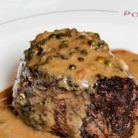 Filet Au Poivre · Green Peppercorn-Brandy Sauce