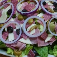 Antipasto · Mixed greens black green olives red onion pepperoncinis tomatoes ham and provolone cheese se...