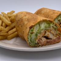 Chicken Lavash · Grilled chicken, lettuce, tomatoes, cheese and herb sauce.