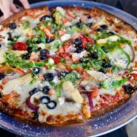 Lava Too Pizza · Artichokes hearts, tomatoes, black olives, onion, pepper, mozzarella cheese, feta cheese and...