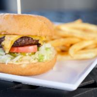 Cheese Burger · 1/2 lb. grilled patty, American cheese, tomatoes, pickles, lettuce and burger sauce.