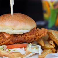 Fried Chicken Burger · Fried Tender Topped With American Cheese, Lettuce, Tomato, Pickles and Burger sauce
