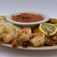 Grilled Shrimp Plate · 2 skewers of shrimp grilled served with rice or fries or vegetables with side fattoush, soup...