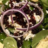 Spinach Salad · Baby spinach, feta cheese, red onion, dried craisins, chopped mixed nuts, and sliced avocado...