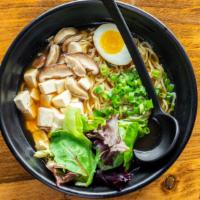 Vegetarian Ramen · Vegetable stock flavored with soy sauce and sesame oil. Tofu, spring mix, green onion, egg, ...
