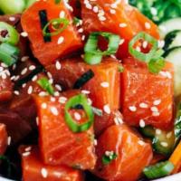 Poke Mazing · Spicy tuna(raw), salmon (raw), lettuce, cucumber, avocado, edamame, corn, cherry tomato, sea...